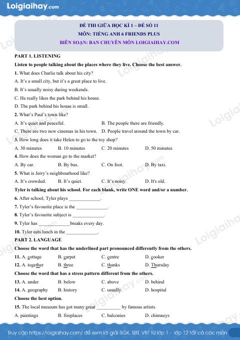 Đề thi giữa kì 1 Tiếng Anh 6 Friends Plus - Đề số 11